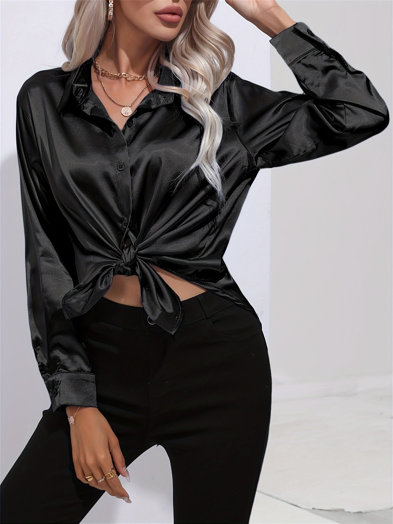 2+1 FREE: GleamS™ - Luxury Shiny Satin Blouse with Long Sleeves